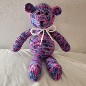 Handmade Crochet Teddy Bear Purple Multi With White Bow